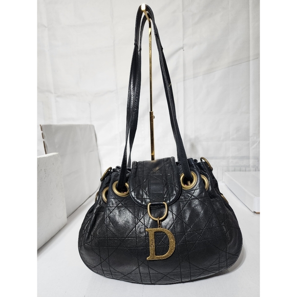 CHRISTIAN DIOR Lambskin Cannage Flap Shoulder Bag Black - Picture 1 of 12